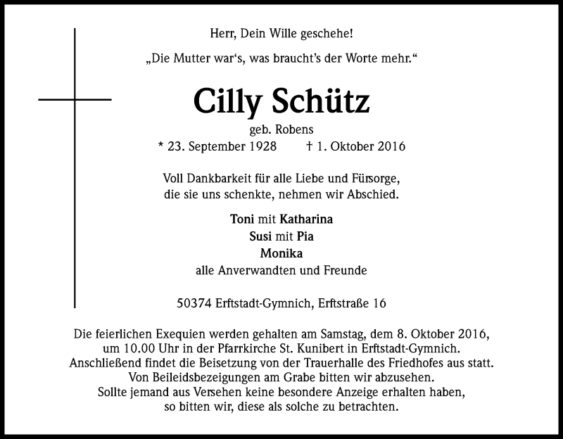 Traueranzeige für Cilly Schütz vom 06.10.2016 aus Kölner Stadt-Anzeiger / Kölnische Rundschau / Express