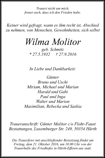Anzeige von Wilma Molitor von Kölner Stadt-Anzeiger / Kölnische Rundschau / Express