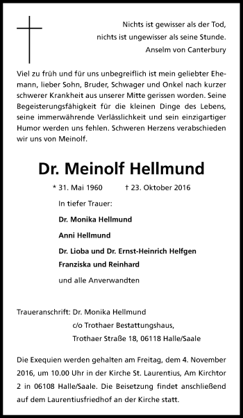 Anzeige von Meinolf Hellmund von Kölner Stadt-Anzeiger / Kölnische Rundschau / Express