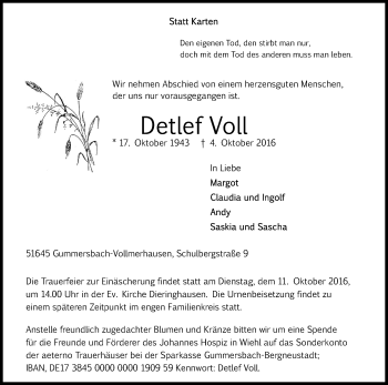 Anzeige von Detlef Voll von Kölner Stadt-Anzeiger / Kölnische Rundschau / Express