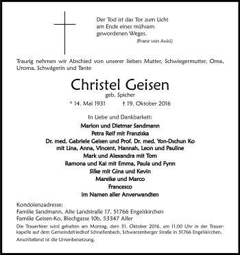 Anzeige von Christel Geisen von Kölner Stadt-Anzeiger / Kölnische Rundschau / Express
