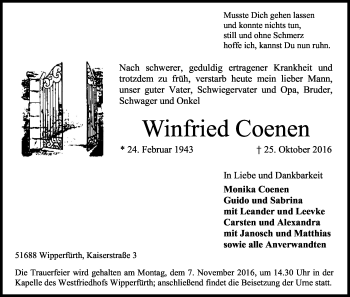Anzeige von Winfried Coenen von Kölner Stadt-Anzeiger / Kölnische Rundschau / Express