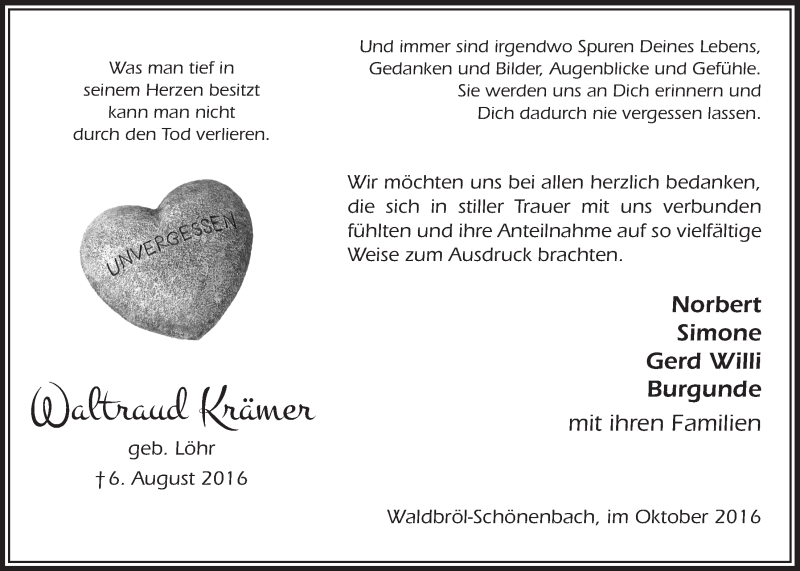  Traueranzeige für Waltraud Krämer vom 12.10.2016 aus  Lokalanzeiger 