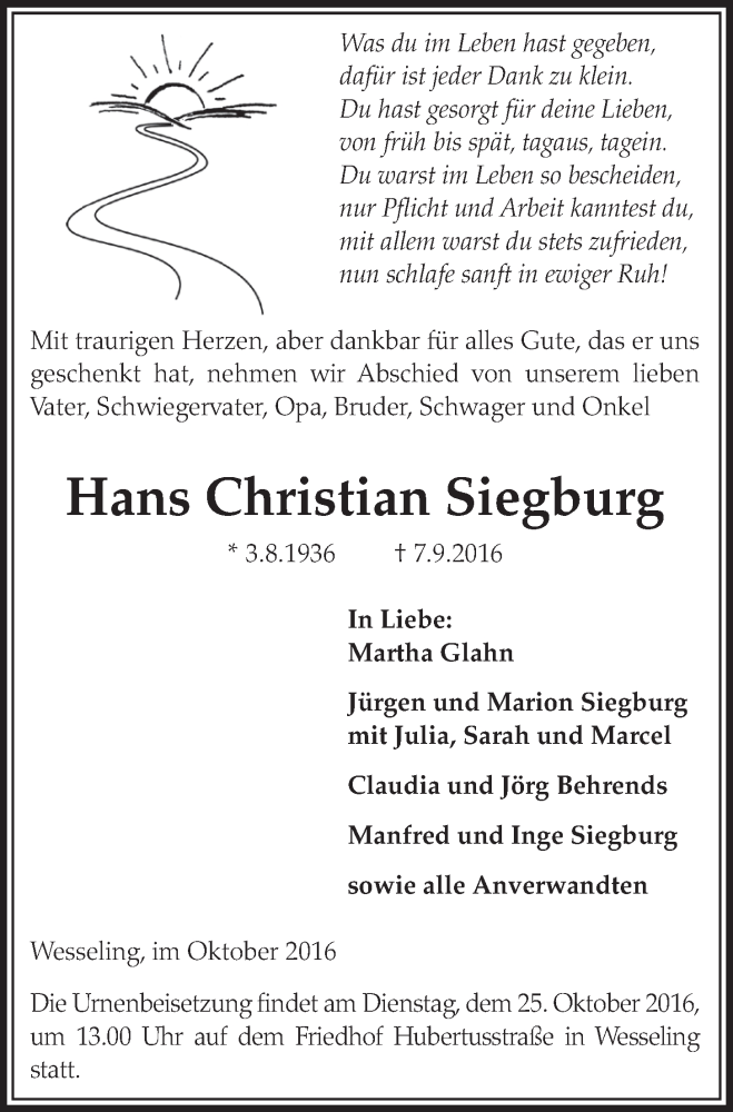  Traueranzeige für Hans Christian Siegburg vom 19.10.2016 aus  Schlossbote/Werbekurier 