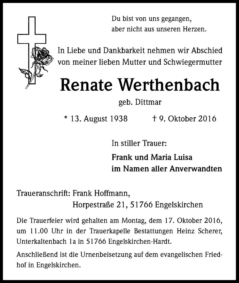  Traueranzeige für Renate Werthenbach vom 12.10.2016 aus Kölner Stadt-Anzeiger / Kölnische Rundschau / Express