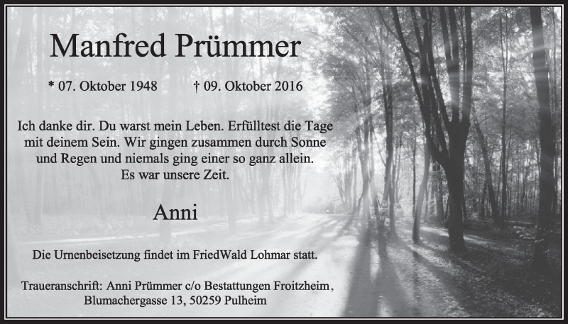  Traueranzeige für Manfred Prümmer vom 15.10.2016 aus  Sonntags-Post 