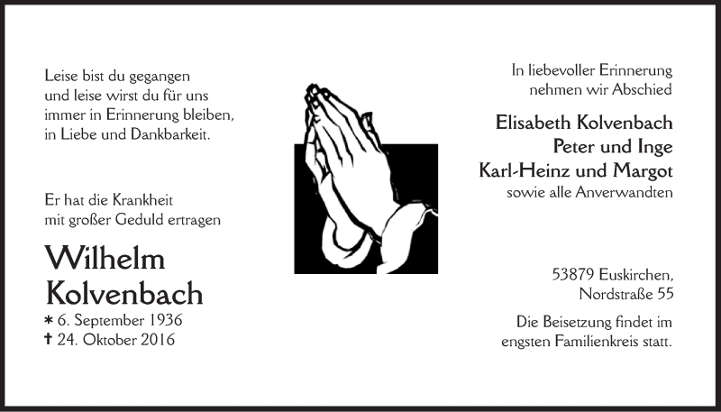  Traueranzeige für Wilhelm Kolvenbach vom 29.10.2016 aus  Blickpunkt Euskirchen 