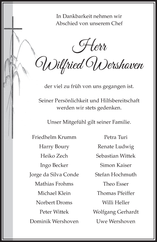  Traueranzeige für Wilfried Wershoven vom 29.10.2016 aus  Sonntags-Post 