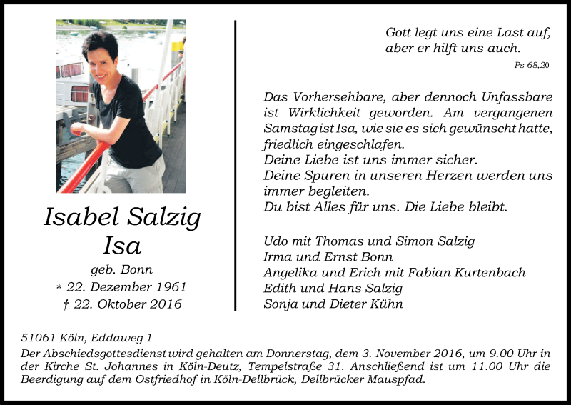  Traueranzeige für Isabel Salzig vom 29.10.2016 aus Kölner Stadt-Anzeiger / Kölnische Rundschau / Express