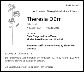 Anzeige von Theresia Dürr von Kölner Stadt-Anzeiger / Kölnische Rundschau / Express