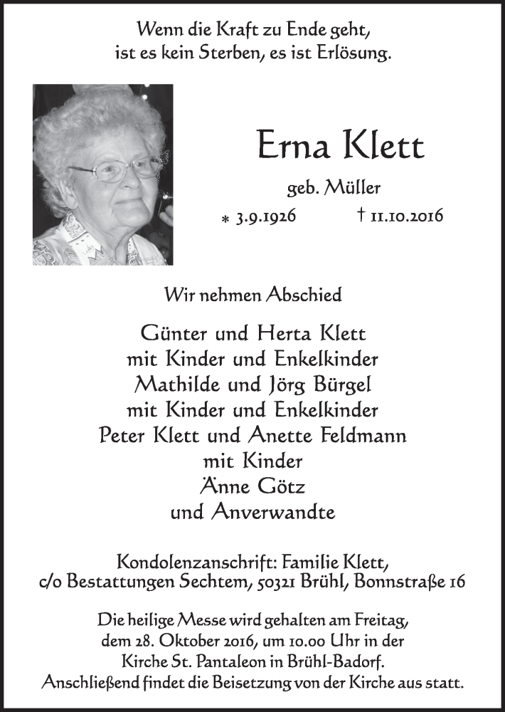 Traueranzeige für Erna Klett vom 26.10.2016 aus  Schlossbote/Werbekurier 