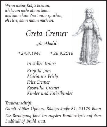 Anzeige von Greta Cremer von  Schlossbote/Werbekurier 