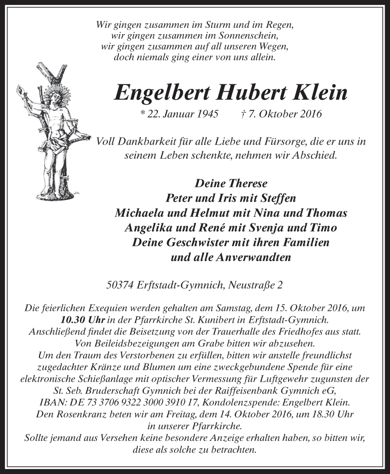  Traueranzeige für Engelbert Hubert Klein vom 12.10.2016 aus  Werbepost 