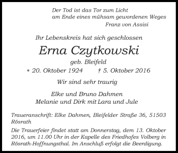 Anzeige von Erna Czytkowski von Kölner Stadt-Anzeiger / Kölnische Rundschau / Express