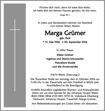 Anzeige von Marga Grümer von Kölner Stadt-Anzeiger / Kölnische Rundschau / Express