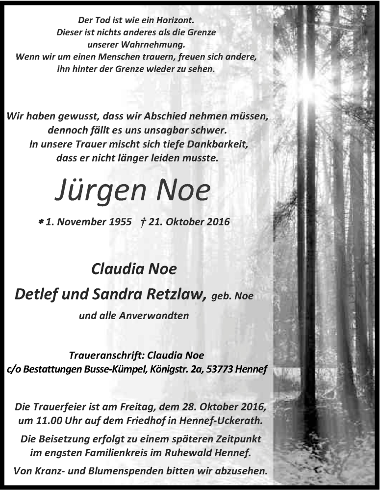  Traueranzeige für Jürgen Noe vom 26.10.2016 aus Kölner Stadt-Anzeiger / Kölnische Rundschau / Express