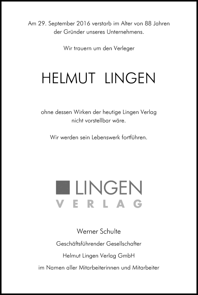  Traueranzeige für Helmut Lingen vom 08.10.2016 aus Kölner Stadt-Anzeiger / Kölnische Rundschau / Express