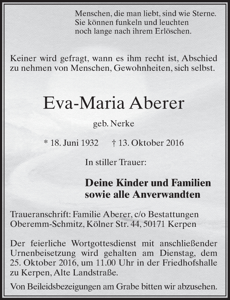  Traueranzeige für Eva-Maria Aberer vom 22.10.2016 aus  Sonntags-Post 