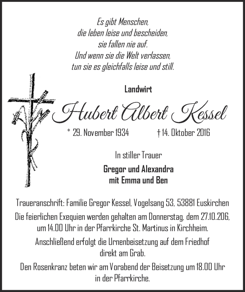  Traueranzeige für Hubert Albert Kessel vom 22.10.2016 aus  Blickpunkt Euskirchen 