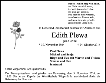 Anzeige von Edith Plewa von Kölner Stadt-Anzeiger / Kölnische Rundschau / Express
