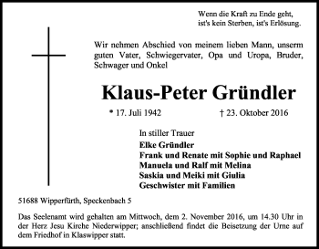 Anzeige von Klaus-Peter Gründler von Kölner Stadt-Anzeiger / Kölnische Rundschau / Express