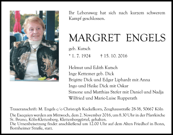 Anzeige von Margret Engels von Kölner Stadt-Anzeiger / Kölnische Rundschau / Express