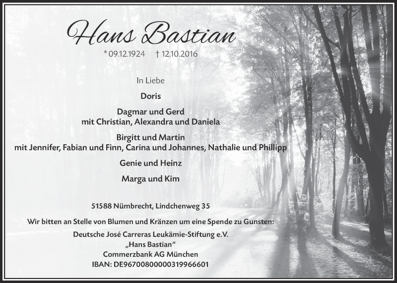  Traueranzeige für Hans Bastian vom 19.10.2016 aus  Lokalanzeiger 