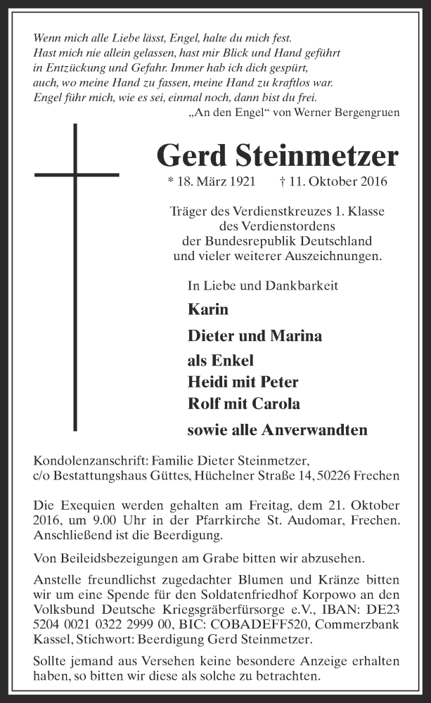 Traueranzeige für Gerd Steinmetzer vom 19.10.2016 aus  Wochenende 