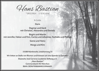 Anzeige von Hans Bastian von  Lokalanzeiger 