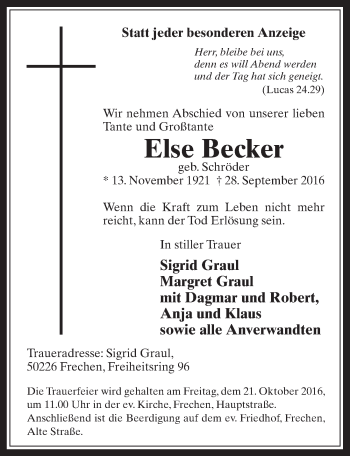 Anzeige von Else Becker von  Wochenende 