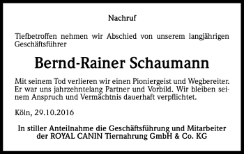 Anzeige von Bernd-Rainer Schaumann von Kölner Stadt-Anzeiger / Kölnische Rundschau / Express