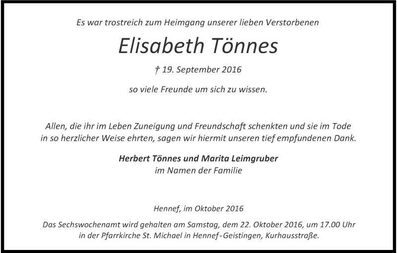  Traueranzeige für Elisabeth Tönnes vom 15.10.2016 aus Kölner Stadt-Anzeiger / Kölnische Rundschau / Express