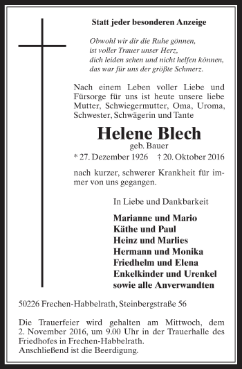 Anzeige von Helene Blech von  Wochenende 