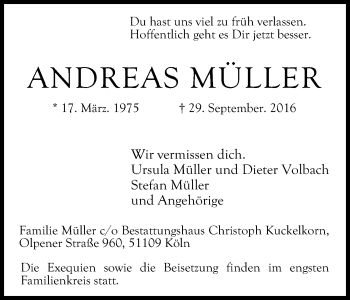 Anzeige von Andreas Müller von Kölner Stadt-Anzeiger / Kölnische Rundschau / Express