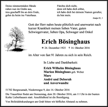 Anzeige von Erich Bösinghaus von Kölner Stadt-Anzeiger / Kölnische Rundschau / Express