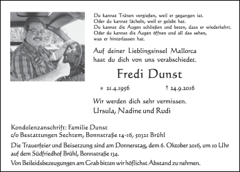 Anzeige von Fredi Dunst von  Schlossbote/Werbekurier 