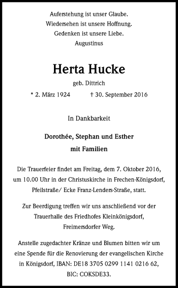 Anzeige von Herta Hucke von Kölner Stadt-Anzeiger / Kölnische Rundschau / Express