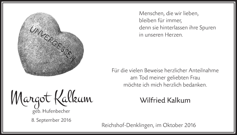  Traueranzeige für Margot Kalkum vom 26.10.2016 aus  Lokalanzeiger 