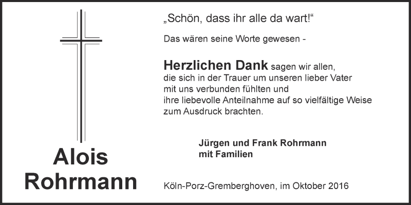  Traueranzeige für Alois Rohrmann vom 12.10.2016 aus  Kölner Wochenspiegel 
