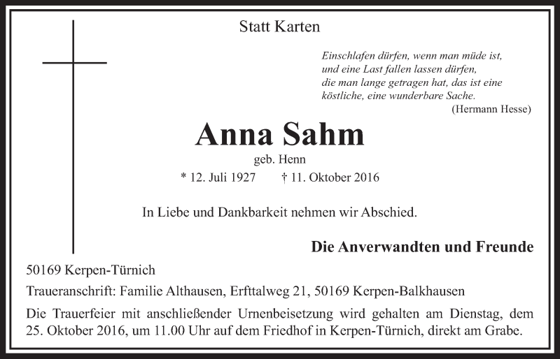  Traueranzeige für Anna Sahm vom 22.10.2016 aus  Sonntags-Post 