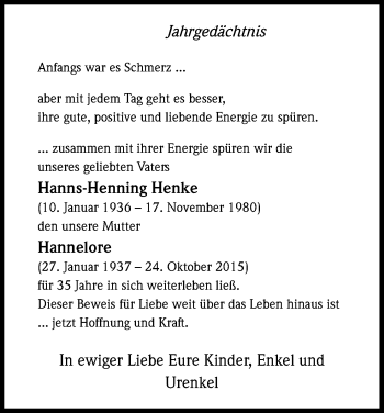 Anzeige von Hanns-Henning und Hannelore Henke von Kölner Stadt-Anzeiger / Kölnische Rundschau / Express