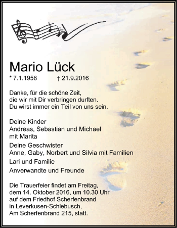 Anzeige von Mario Lück von Kölner Stadt-Anzeiger / Kölnische Rundschau / Express