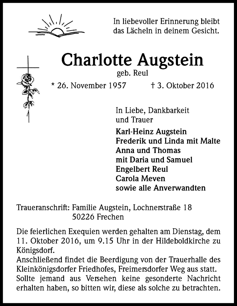  Traueranzeige für Charlotte Augstein vom 08.10.2016 aus Kölner Stadt-Anzeiger / Kölnische Rundschau / Express