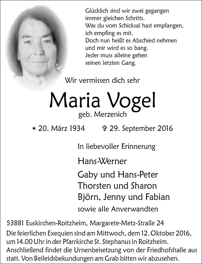  Traueranzeige für Maria Vogel vom 08.10.2016 aus  Blickpunkt Euskirchen 