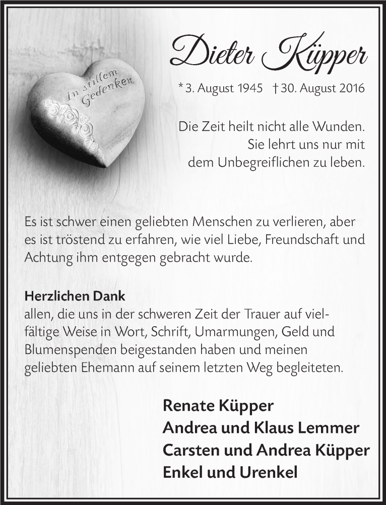  Traueranzeige für Dieter Küpper vom 19.10.2016 aus  Anzeigen Echo 