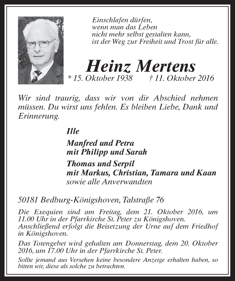  Traueranzeige für Heinz Mertens vom 19.10.2016 aus  Werbepost 