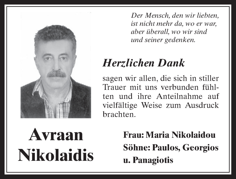  Traueranzeige für Avraan Nikolaidis vom 26.10.2016 aus  Wochenende 