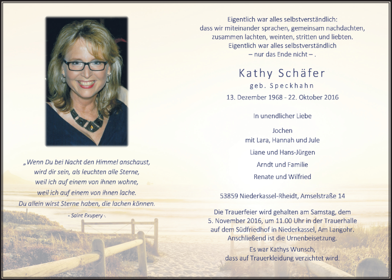  Traueranzeige für Kathy Schäfer vom 29.10.2016 aus  Rhein-Sieg-Wochenende 