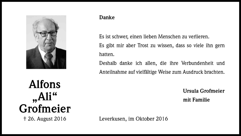  Traueranzeige für Alfons Grofmeier vom 08.10.2016 aus Kölner Stadt-Anzeiger / Kölnische Rundschau / Express