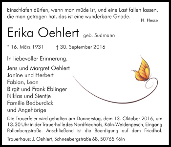 Anzeige von Erika Oehlert von Kölner Stadt-Anzeiger / Kölnische Rundschau / Express